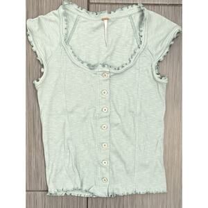 Free People Louie Louie Green Ribbed Button Down T-shirt Size Medium Ruffle Trim